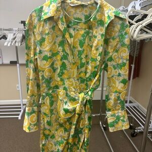 Zara Green and Yellow Patterned Long Sleeve Dress SMALL